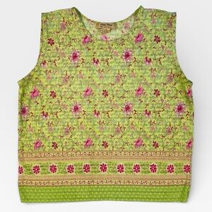 RAFAEL Lime Green and Pink Floral Textured Fabric Sleeveless Top MEDIUM